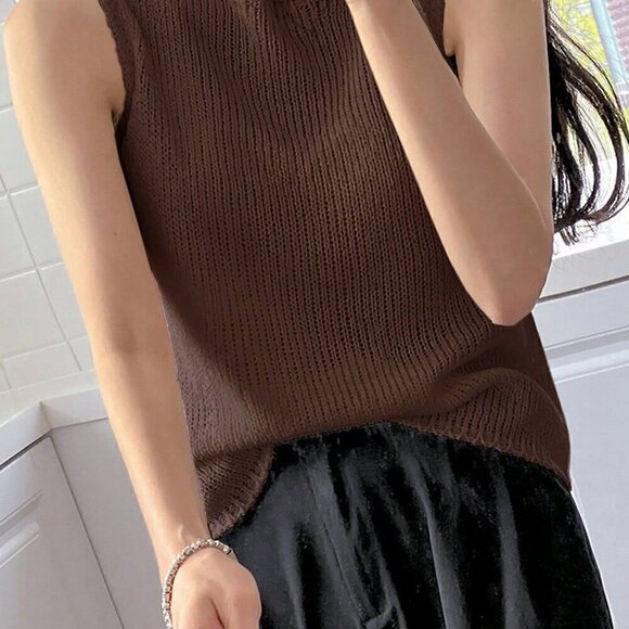Coffee Brown Casual Women's Solid Round Neck Knit Top - Picture 4 of 4